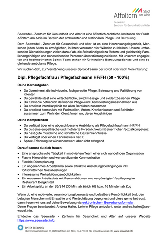 Dipl. Pflegefachfrau / Pflegefachmann HF/FH (50 - 100%)