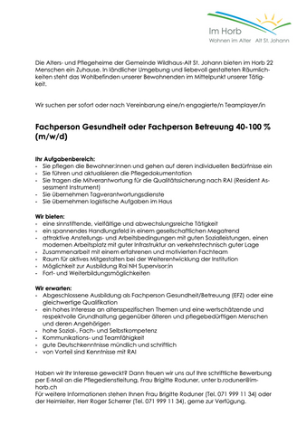 Fachperson Gesundheit oder Fachperson Betreuung (40-100%)